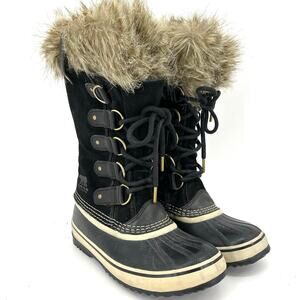 Sorel Women’s 6 Black Joan of Arctic Tall Leather Waterproof Boots Faux Fur Trim